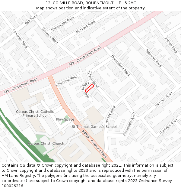 13, COLVILLE ROAD, BOURNEMOUTH, BH5 2AG: Location map and indicative extent of plot