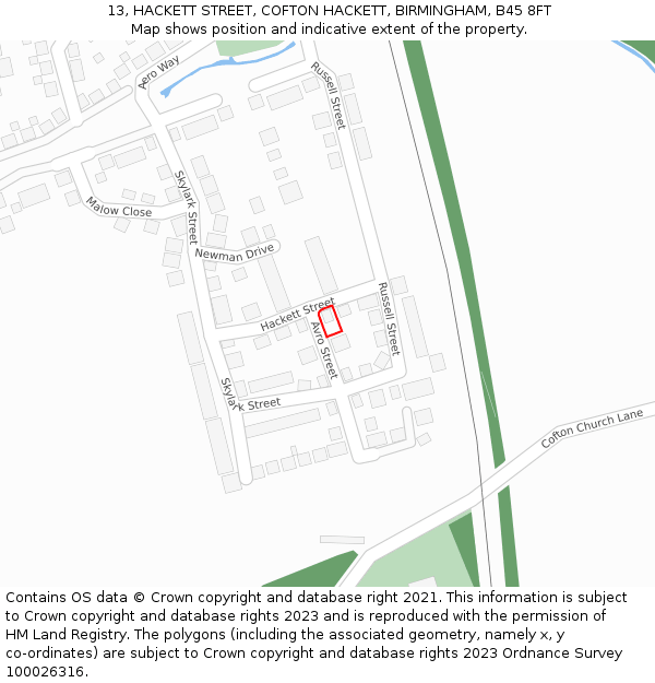 13, HACKETT STREET, COFTON HACKETT, BIRMINGHAM, B45 8FT: Location map and indicative extent of plot