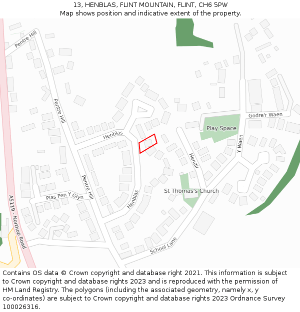 13, HENBLAS, FLINT MOUNTAIN, FLINT, CH6 5PW: Location map and indicative extent of plot