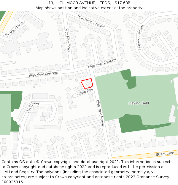 13, HIGH MOOR AVENUE, LEEDS, LS17 6RR: Location map and indicative extent of plot