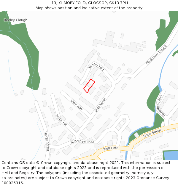 13, KILMORY FOLD, GLOSSOP, SK13 7PH: Location map and indicative extent of plot