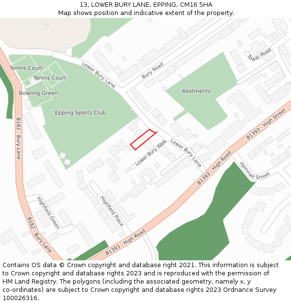 13, LOWER BURY LANE, EPPING, CM16 5HA: Location map and indicative extent of plot