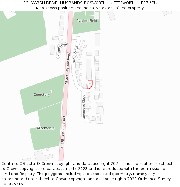 13, MARSH DRIVE, HUSBANDS BOSWORTH, LUTTERWORTH, LE17 6PU: Location map and indicative extent of plot