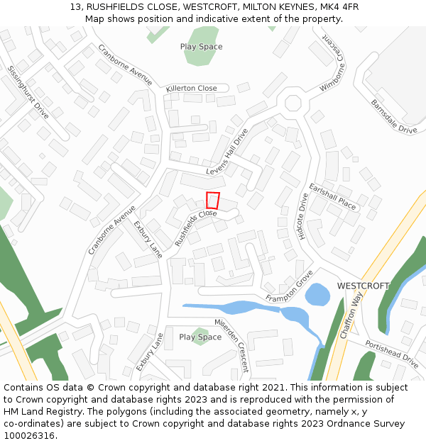 13, RUSHFIELDS CLOSE, WESTCROFT, MILTON KEYNES, MK4 4FR: Location map and indicative extent of plot