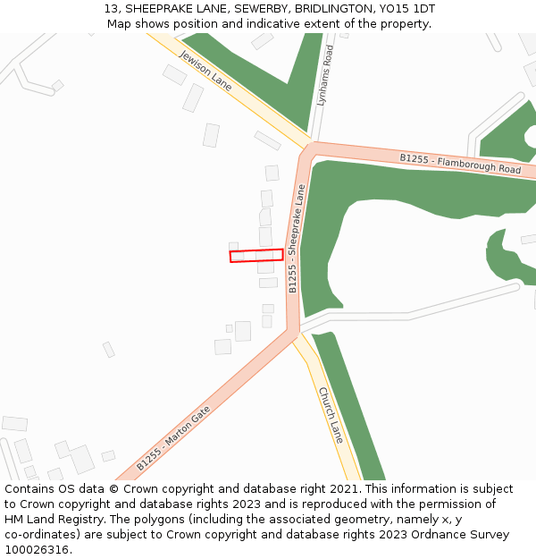 13, SHEEPRAKE LANE, SEWERBY, BRIDLINGTON, YO15 1DT: Location map and indicative extent of plot