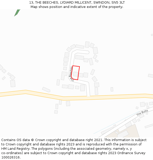 13, THE BEECHES, LYDIARD MILLICENT, SWINDON, SN5 3LT: Location map and indicative extent of plot