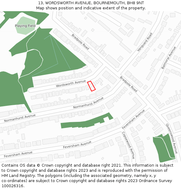 13, WORDSWORTH AVENUE, BOURNEMOUTH, BH8 9NT: Location map and indicative extent of plot