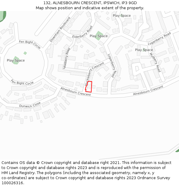 132, ALNESBOURN CRESCENT, IPSWICH, IP3 9GD: Location map and indicative extent of plot