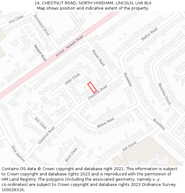 14, CHESTNUT ROAD, NORTH HYKEHAM, LINCOLN, LN6 8LX: Location map and indicative extent of plot