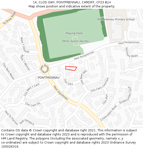 14, CLOS GWY, PONTPRENNAU, CARDIFF, CF23 8LH: Location map and indicative extent of plot