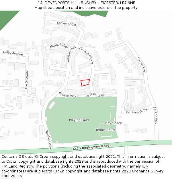 14, DEVENPORTS HILL, BUSHBY, LEICESTER, LE7 9NF: Location map and indicative extent of plot