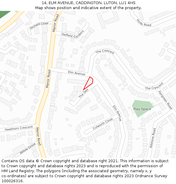 14, ELM AVENUE, CADDINGTON, LUTON, LU1 4HS: Location map and indicative extent of plot