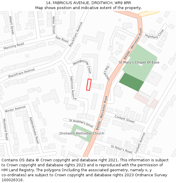 14, FABRICIUS AVENUE, DROITWICH, WR9 8RR: Location map and indicative extent of plot