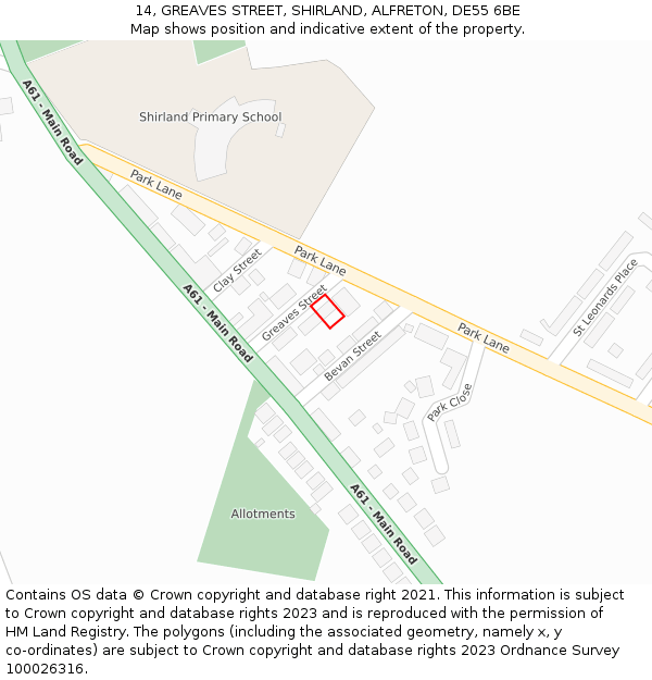 14, GREAVES STREET, SHIRLAND, ALFRETON, DE55 6BE: Location map and indicative extent of plot