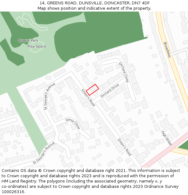 14, GREENS ROAD, DUNSVILLE, DONCASTER, DN7 4DF: Location map and indicative extent of plot