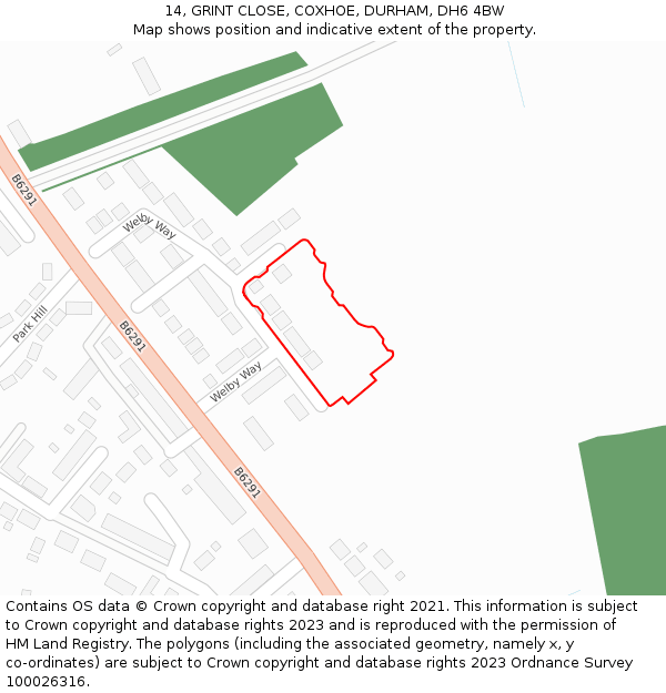 14, GRINT CLOSE, COXHOE, DURHAM, DH6 4BW: Location map and indicative extent of plot