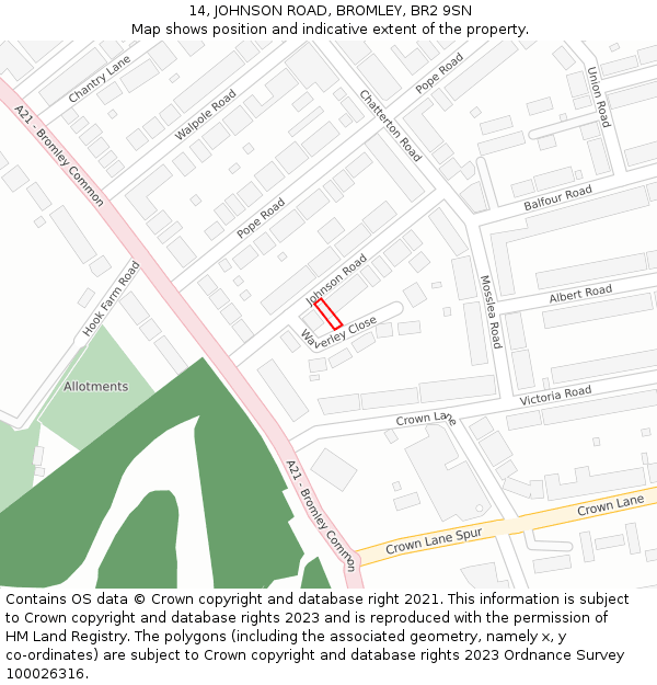 14, JOHNSON ROAD, BROMLEY, BR2 9SN: Location map and indicative extent of plot