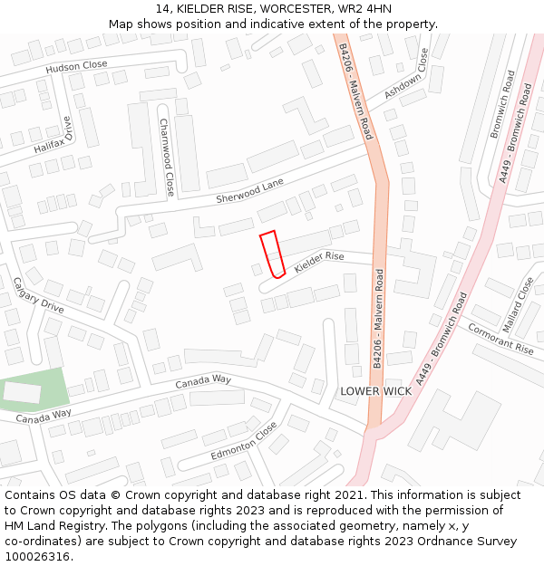 14, KIELDER RISE, WORCESTER, WR2 4HN: Location map and indicative extent of plot