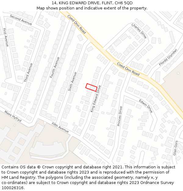 14, KING EDWARD DRIVE, FLINT, CH6 5QD: Location map and indicative extent of plot