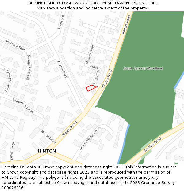 14, KINGFISHER CLOSE, WOODFORD HALSE, DAVENTRY, NN11 3EL: Location map and indicative extent of plot