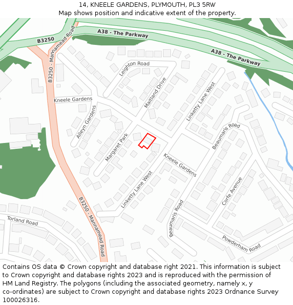 14, KNEELE GARDENS, PLYMOUTH, PL3 5RW: Location map and indicative extent of plot