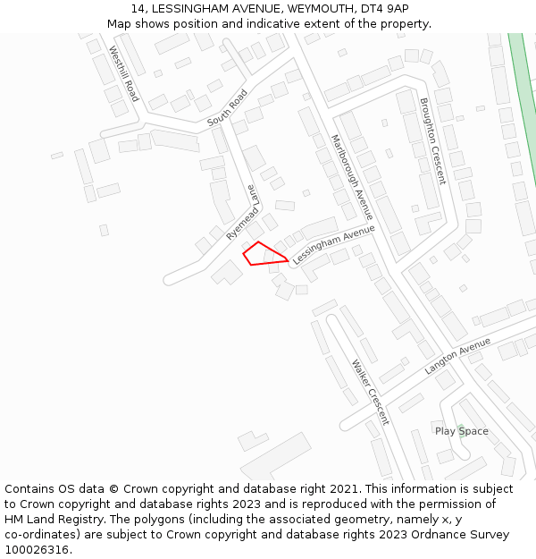 14, LESSINGHAM AVENUE, WEYMOUTH, DT4 9AP: Location map and indicative extent of plot