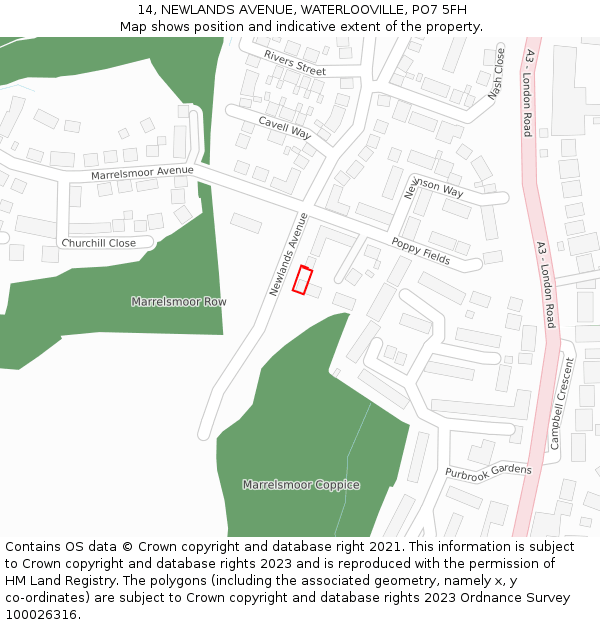 14, NEWLANDS AVENUE, WATERLOOVILLE, PO7 5FH: Location map and indicative extent of plot