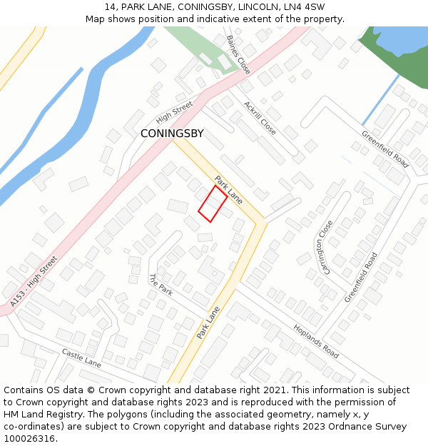 14, PARK LANE, CONINGSBY, LINCOLN, LN4 4SW: Location map and indicative extent of plot