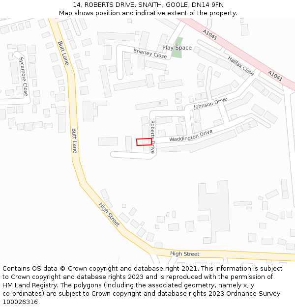 14, ROBERTS DRIVE, SNAITH, GOOLE, DN14 9FN: Location map and indicative extent of plot