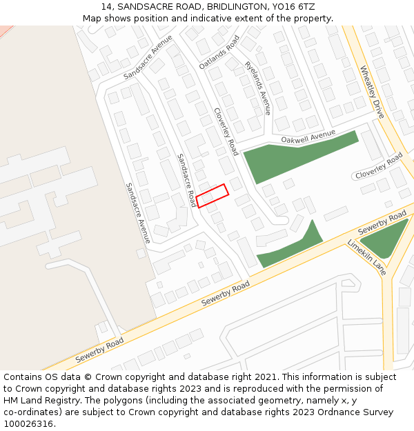 14, SANDSACRE ROAD, BRIDLINGTON, YO16 6TZ: Location map and indicative extent of plot