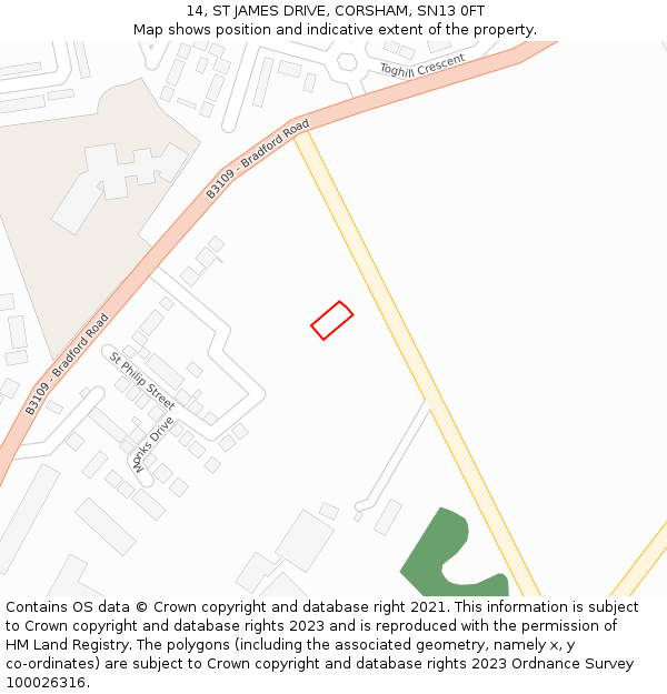 14, ST JAMES DRIVE, CORSHAM, SN13 0FT: Location map and indicative extent of plot