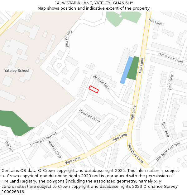 14, WISTARIA LANE, YATELEY, GU46 6HY: Location map and indicative extent of plot