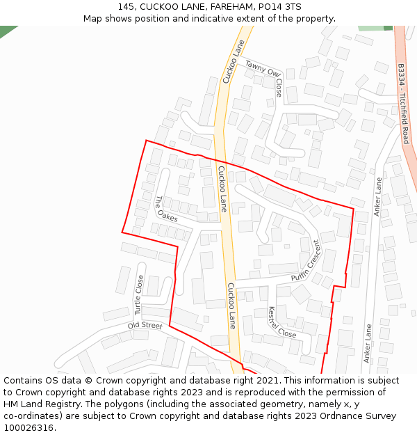 145, CUCKOO LANE, FAREHAM, PO14 3TS: Location map and indicative extent of plot