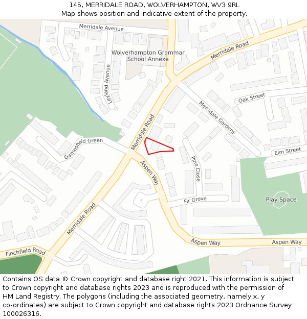 145, MERRIDALE ROAD, WOLVERHAMPTON, WV3 9RL: Location map and indicative extent of plot