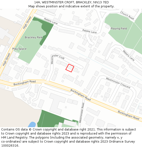 14A, WESTMINSTER CROFT, BRACKLEY, NN13 7ED: Location map and indicative extent of plot