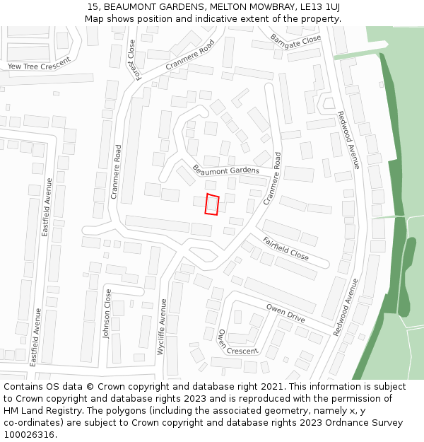 15, BEAUMONT GARDENS, MELTON MOWBRAY, LE13 1UJ: Location map and indicative extent of plot