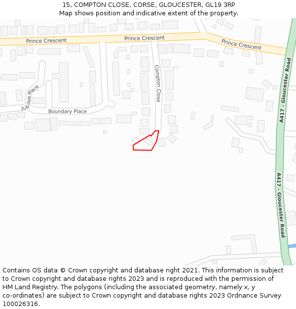 15, COMPTON CLOSE, CORSE, GLOUCESTER, GL19 3RP: Location map and indicative extent of plot