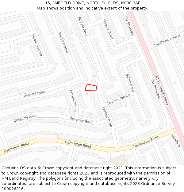 15, FAIRFIELD DRIVE, NORTH SHIELDS, NE30 3AF: Location map and indicative extent of plot