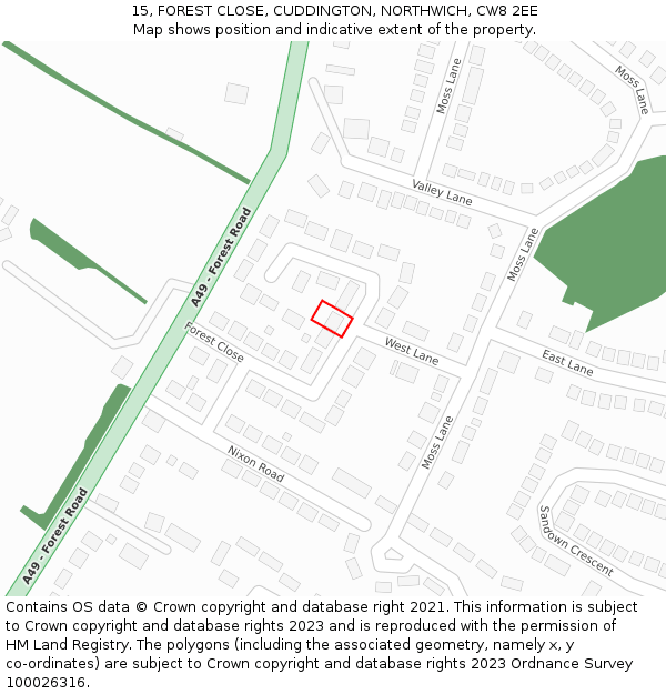 15, FOREST CLOSE, CUDDINGTON, NORTHWICH, CW8 2EE: Location map and indicative extent of plot