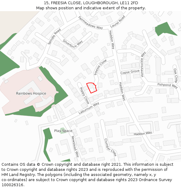 15, FREESIA CLOSE, LOUGHBOROUGH, LE11 2FD: Location map and indicative extent of plot