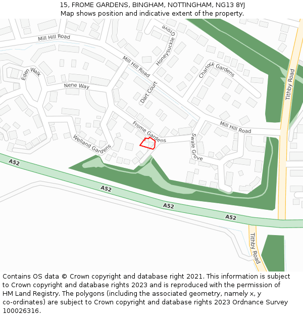 15, FROME GARDENS, BINGHAM, NOTTINGHAM, NG13 8YJ: Location map and indicative extent of plot