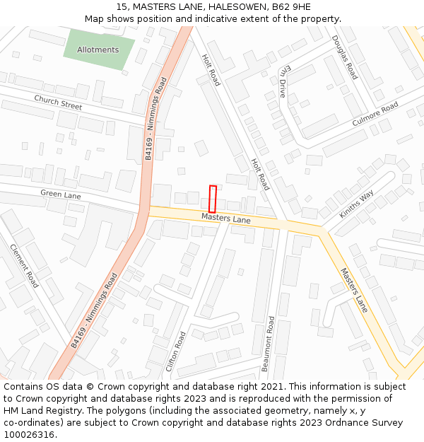 15, MASTERS LANE, HALESOWEN, B62 9HE: Location map and indicative extent of plot