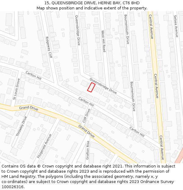 15, QUEENSBRIDGE DRIVE, HERNE BAY, CT6 8HD: Location map and indicative extent of plot