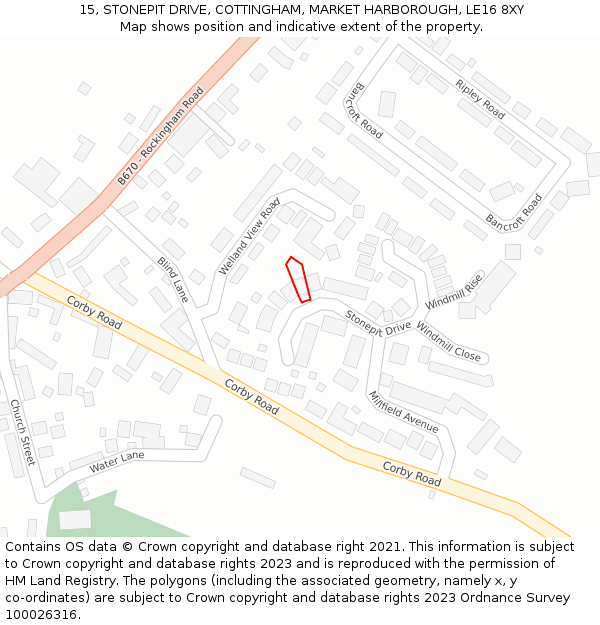 15, STONEPIT DRIVE, COTTINGHAM, MARKET HARBOROUGH, LE16 8XY: Location map and indicative extent of plot