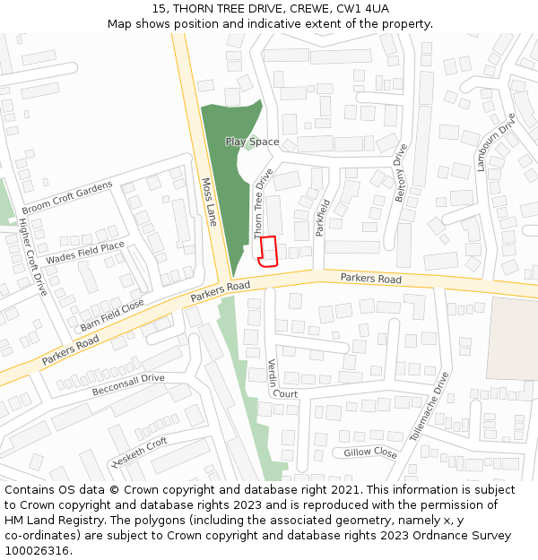 15, THORN TREE DRIVE, CREWE, CW1 4UA: Location map and indicative extent of plot