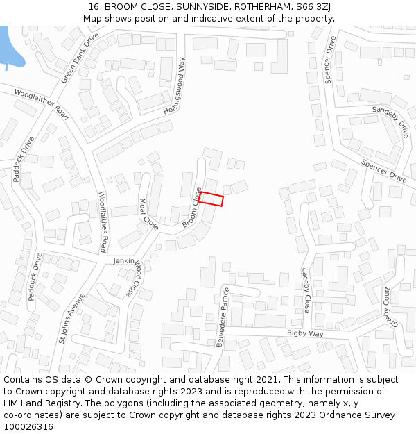 16, BROOM CLOSE, SUNNYSIDE, ROTHERHAM, S66 3ZJ: Location map and indicative extent of plot