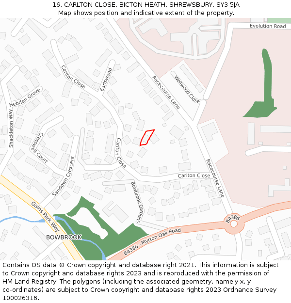 16, CARLTON CLOSE, BICTON HEATH, SHREWSBURY, SY3 5JA: Location map and indicative extent of plot