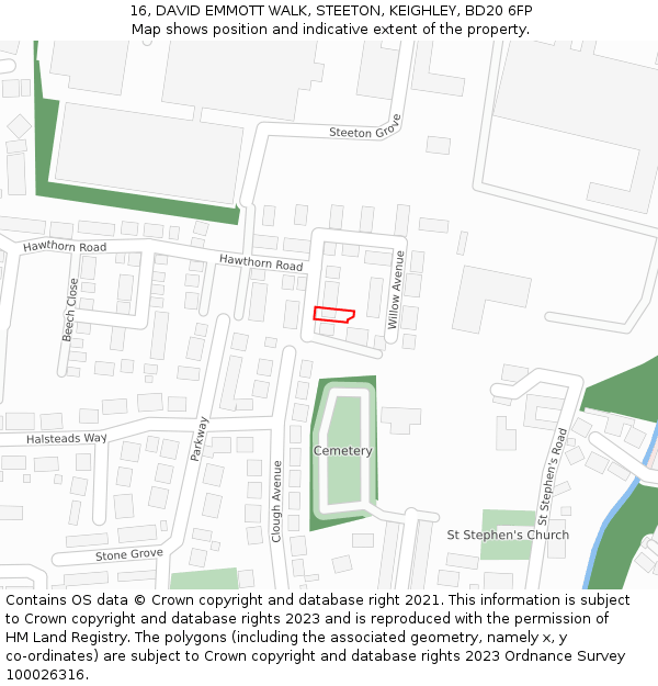 16, DAVID EMMOTT WALK, STEETON, KEIGHLEY, BD20 6FP: Location map and indicative extent of plot