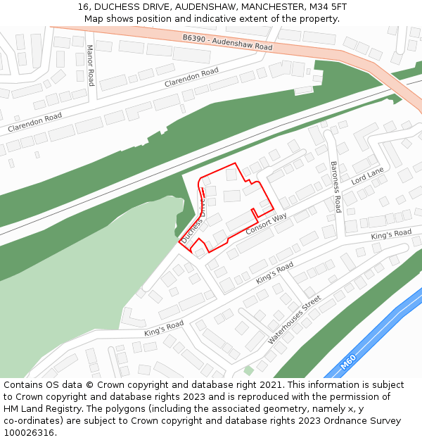 16, DUCHESS DRIVE, AUDENSHAW, MANCHESTER, M34 5FT: Location map and indicative extent of plot