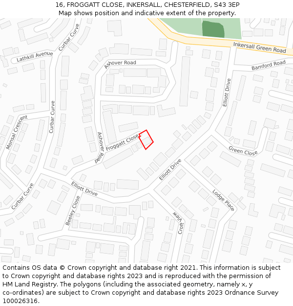 16, FROGGATT CLOSE, INKERSALL, CHESTERFIELD, S43 3EP: Location map and indicative extent of plot